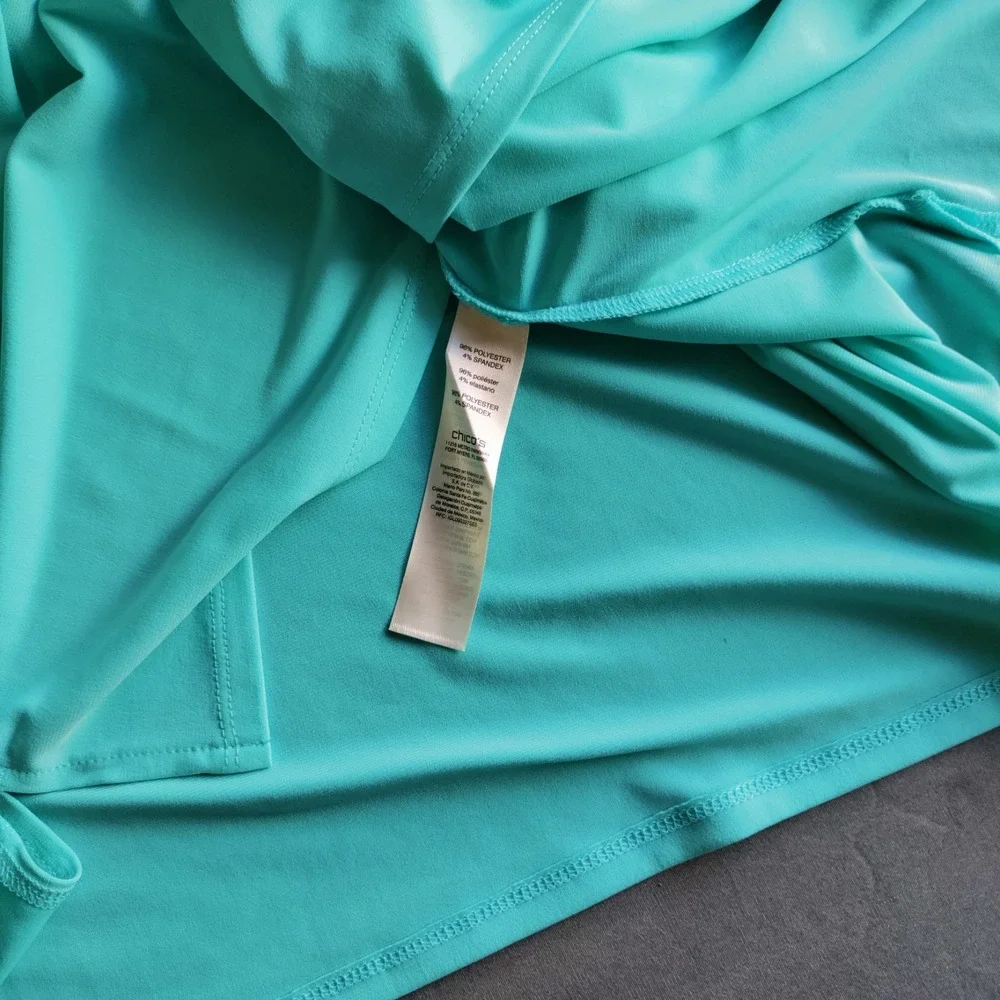Chico's The Ultimate Tee Women Teal‎ 3 Liquid Knit Shark Hem Faux Wrap Lagun Y2K - Picture 9 of 12
